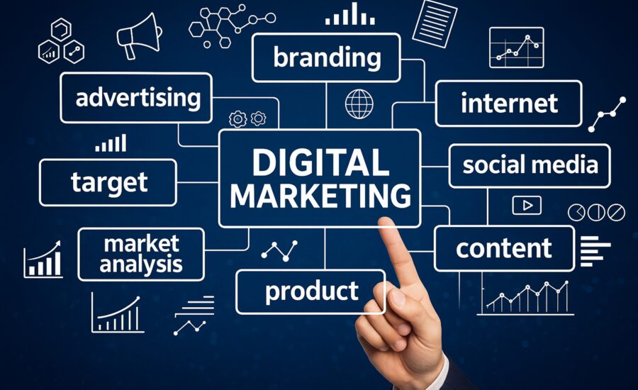Modern digital marketing concept with icons for SEO, PPC, email, and social media on laptop and smartphone screens