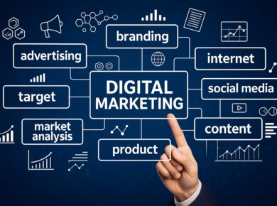 Modern digital marketing concept with icons for SEO, PPC, email, and social media on laptop and smartphone screens
