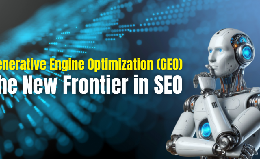Futuristic digital illustration representing Generative Engine Optimization (GEO) with AI elements and search interface