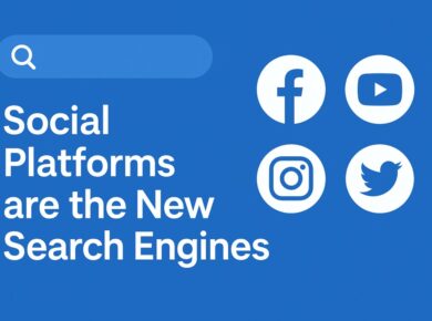 Illustration of search bar and icons for Instagram, YouTube, and LinkedIn representing social platforms as search engines, with Websofy branding.