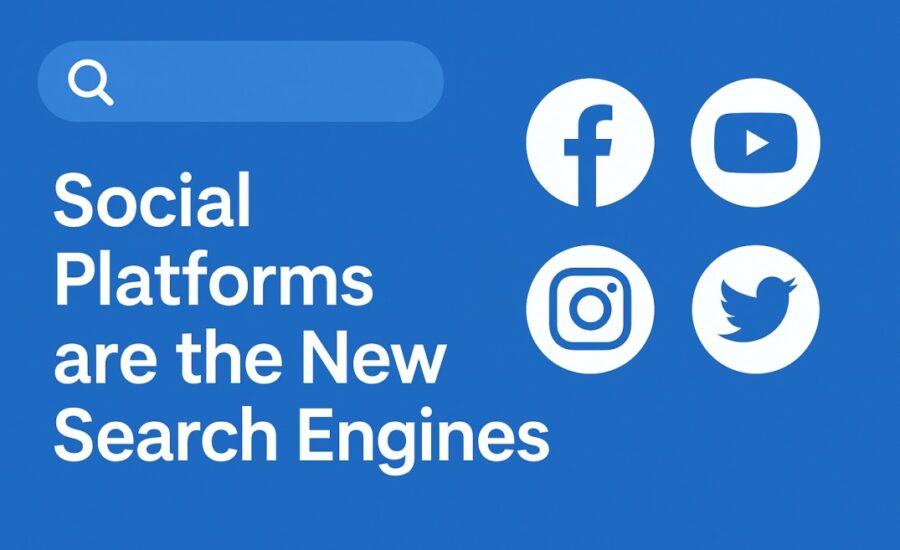 Illustration of search bar and icons for Instagram, YouTube, and LinkedIn representing social platforms as search engines, with Websofy branding.